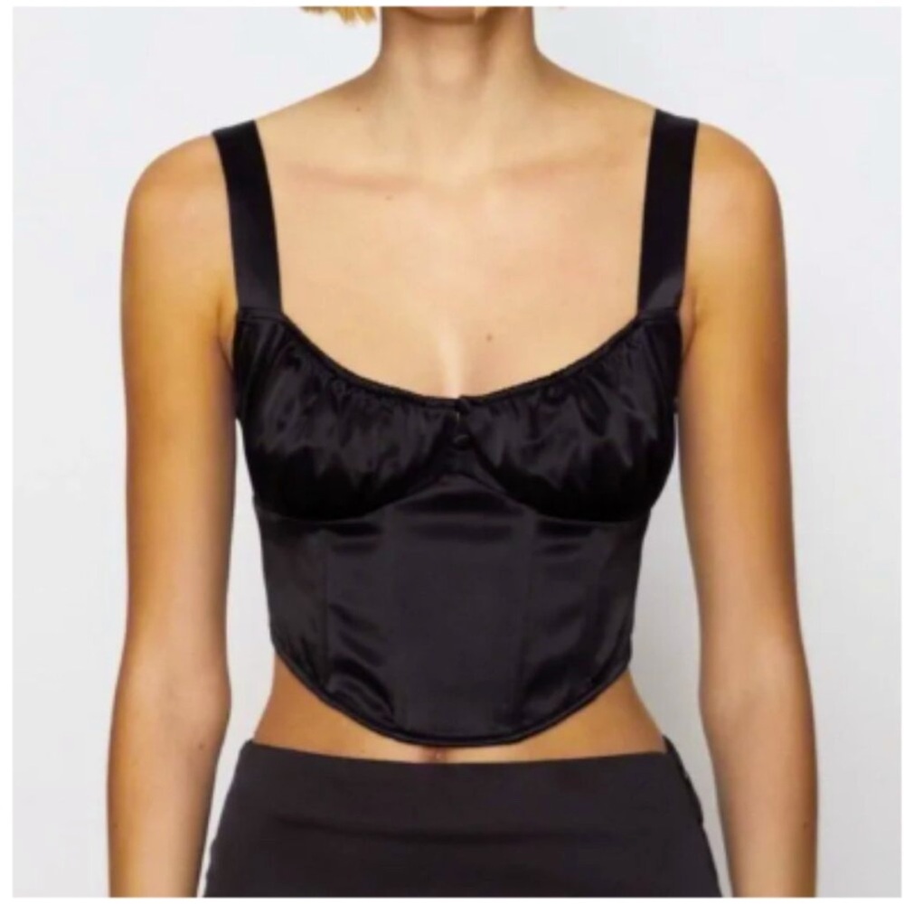 Zara Black Cropped Satin Corset Zip Top - Size Small